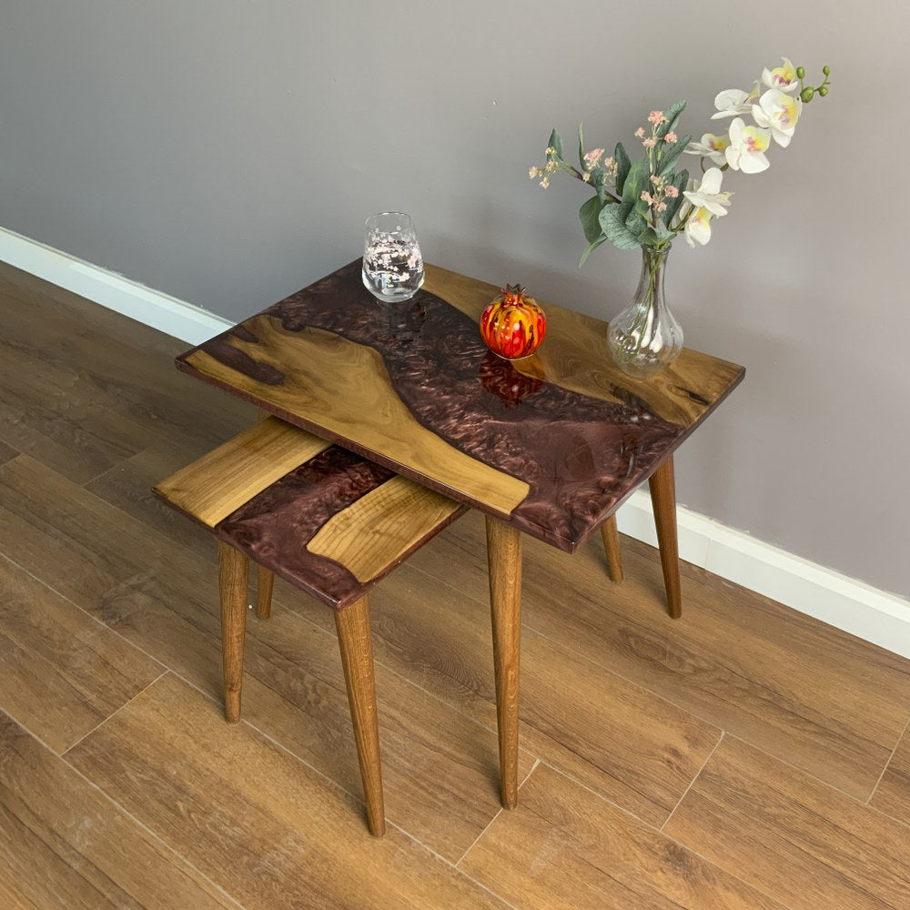 bordo epoksi ceviz sehpa takimi iki parca