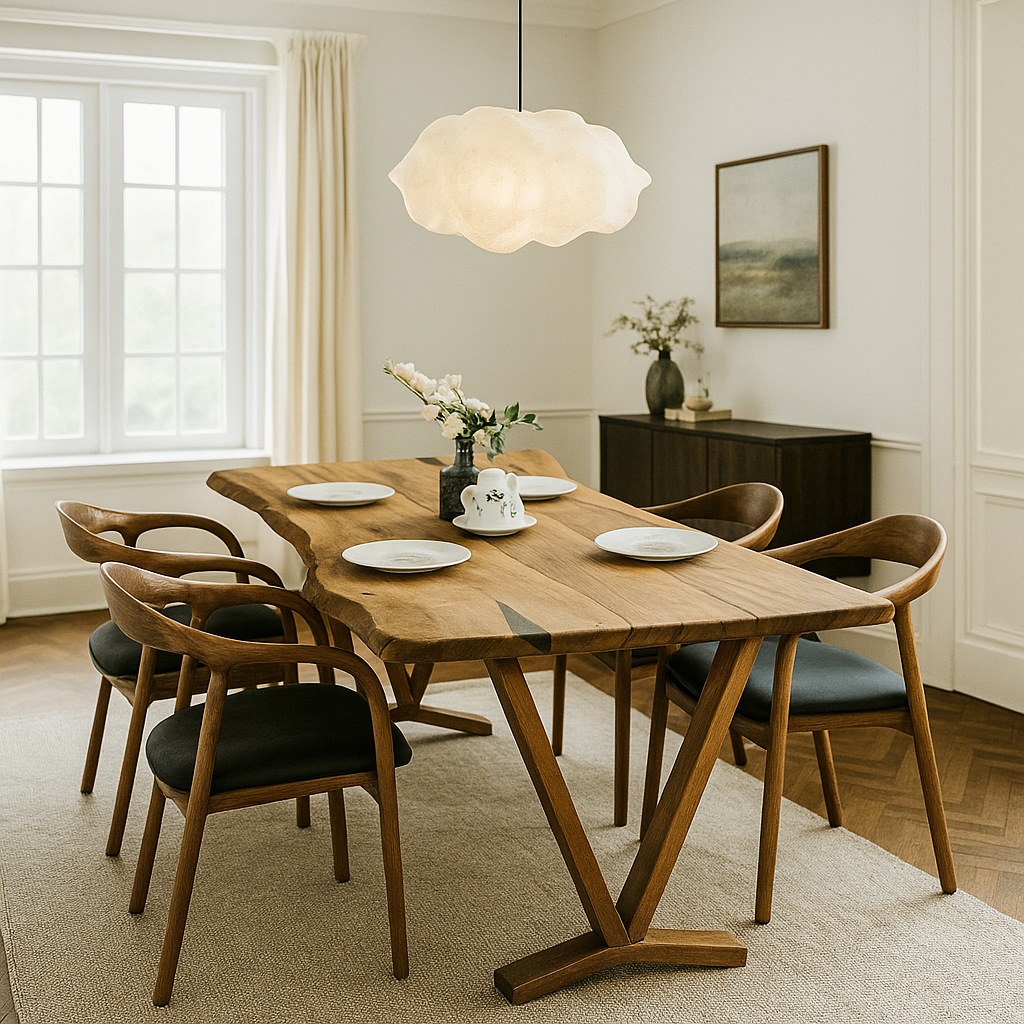 masif ceviz agacindan yapilmis dogal kenarlariyla modern ve estetik bir tasarima sahip yemek masasi, kullanisli sandalyeler ve zarif bir avize ile odaya siklik katiyor vornom