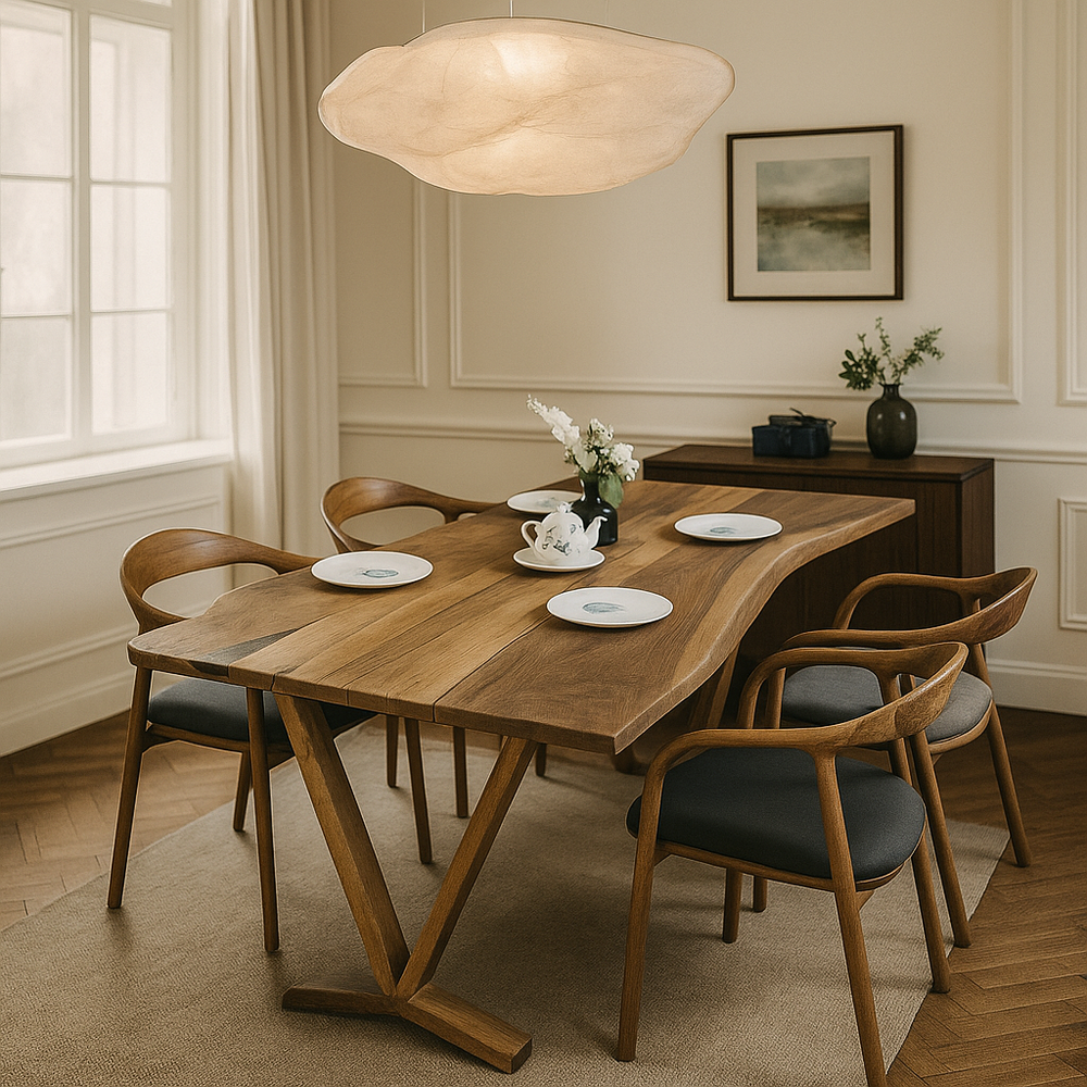 Masif cevizden yapilmis dogal kenarli ahsap yemek masasi ve ergonomik sandalyeler uzerinde beyaz tabaklar caydanlik ve ciceklerle aydinlik bir atmosfer sunuyor vornom