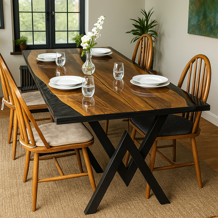 Epoksi ve ceviz kombinasyonlu lüks yemek masasi modern sandalye takimi ile