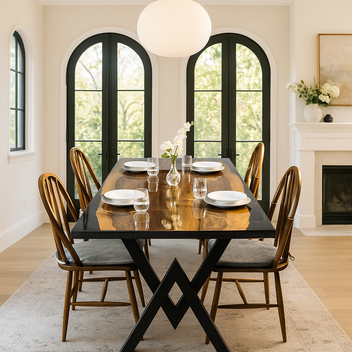 El yapimi epoksi detayli dikdortgen yemek masasi