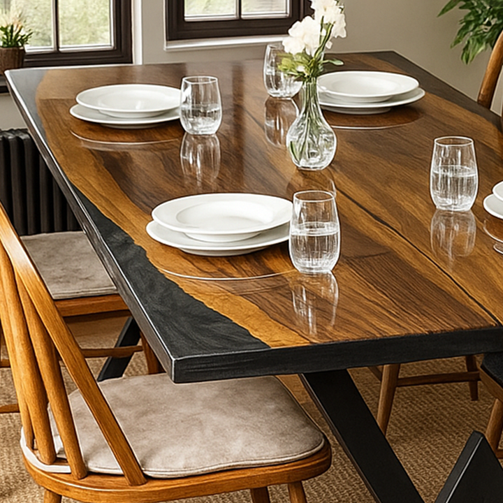 Siyah metal ayakli ceviz epoksi yemek masasi