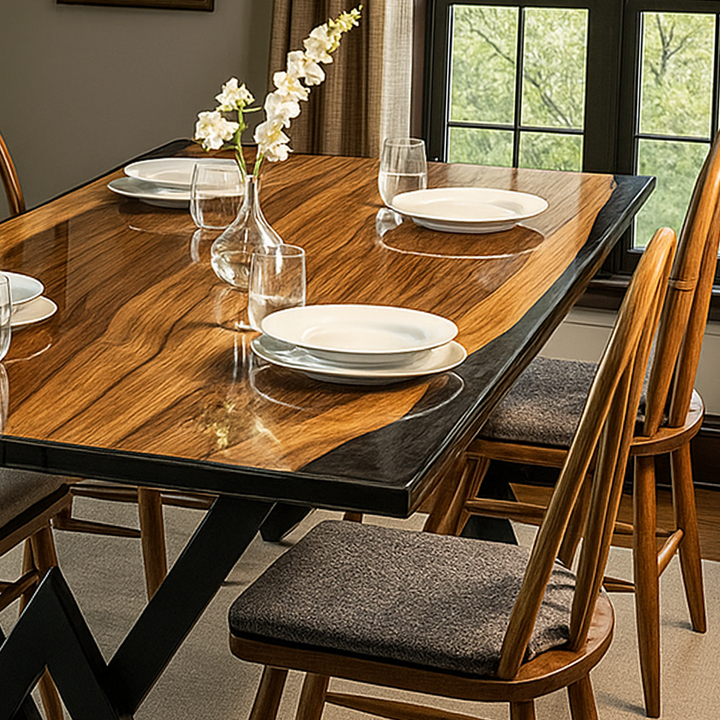 Modern yemek alani icin tasarlanmis ceviz agaci epoksi masa