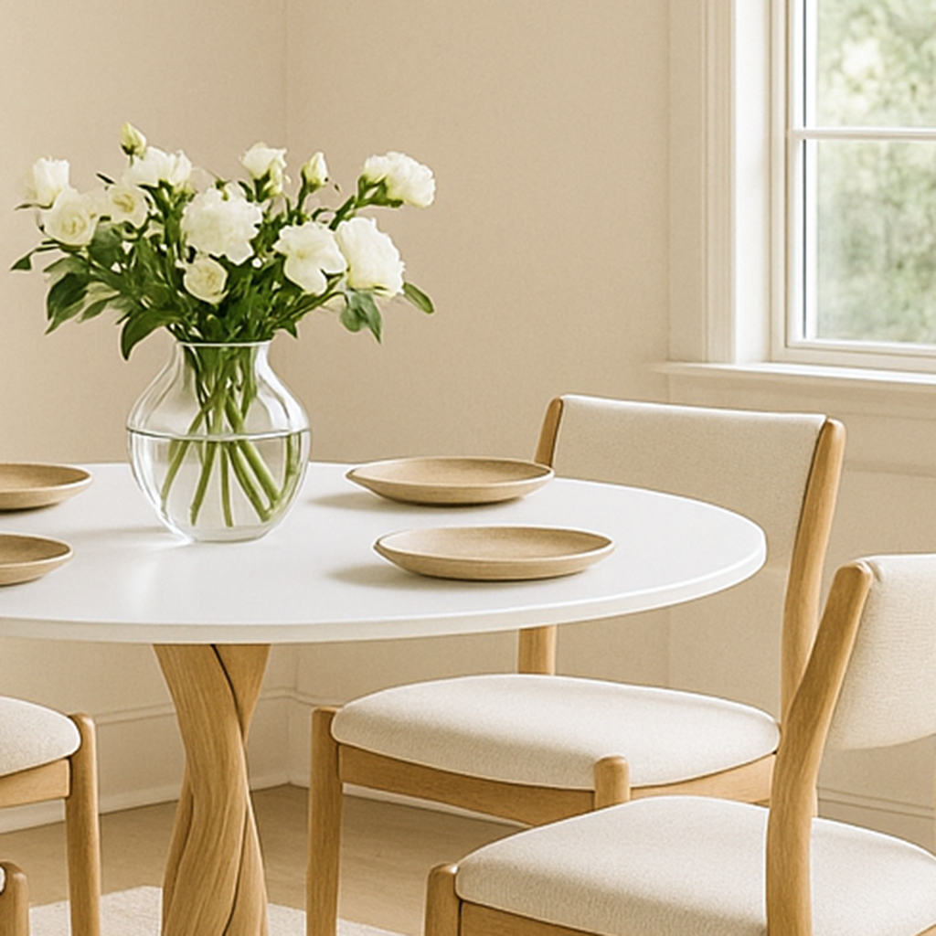 Yuvarlak yemek masasi beyaz ust tabla ve ahsap ayak detayli vornom