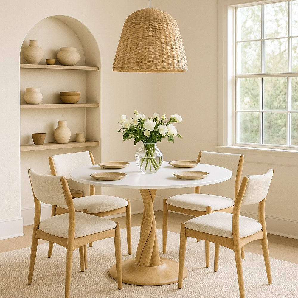 Beyaz tablali ihlamur ayakli modern tasarima sahip minimalist yuvarlak yemek masasi vornom