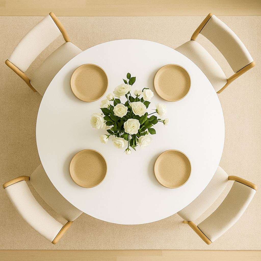 Yuvarlak yemek masasinin yukaridan cekilen goruntusu ferah beyaz tablayı ve onuna uyumlu sandalyeleri vurguluyor vornom