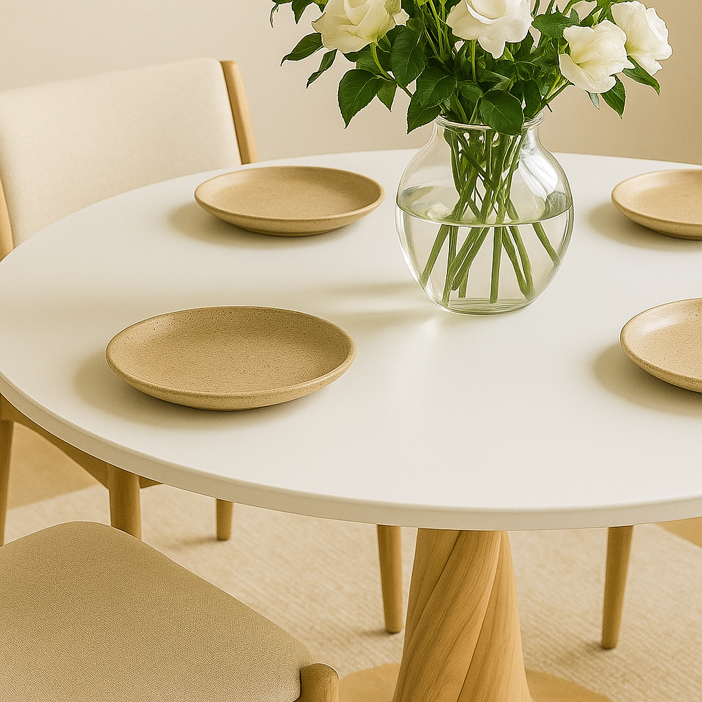 Dogal ahsap ayaklariyla ve beyaz tablasiyla dikkat ceken yuvarlak minimalist yemek masasi vornom