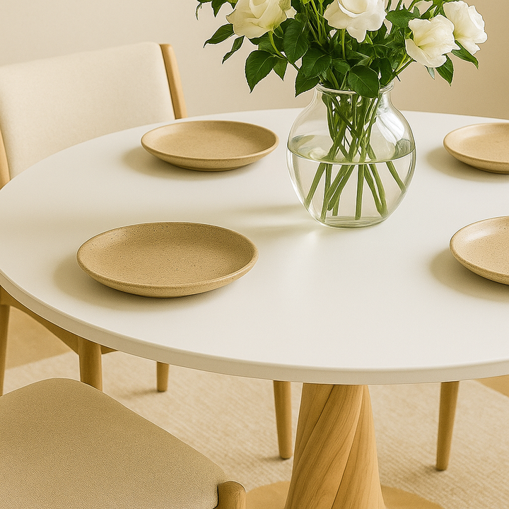 Dogal ahsap ayaklariyla ve beyaz tablasiyla dikkat ceken yuvarlak minimalist yemek masasi vornom