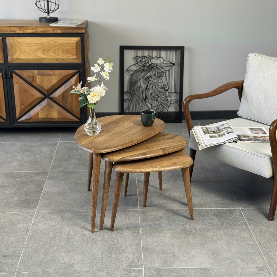 3lu zigon sehpa takimi ceviz agaci ercol tarzi modern vornom