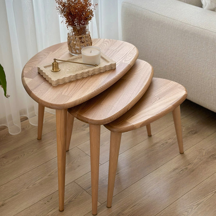 ahsap zigon sehpa uclu set dogal masif kestane agaci ercol style modern ev dekoru icin ideal sehpa takimi vornom