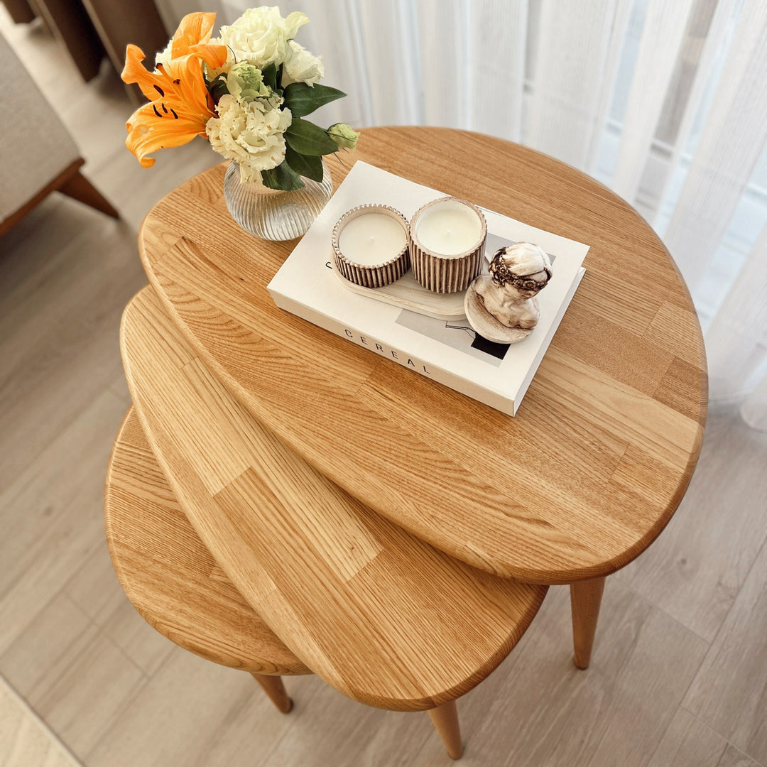 ahsap zigon sehpa uclu set dogal masif kestane agaci ercol style sade ve kullanisli ev icin ahsap zigon sehpa vornom