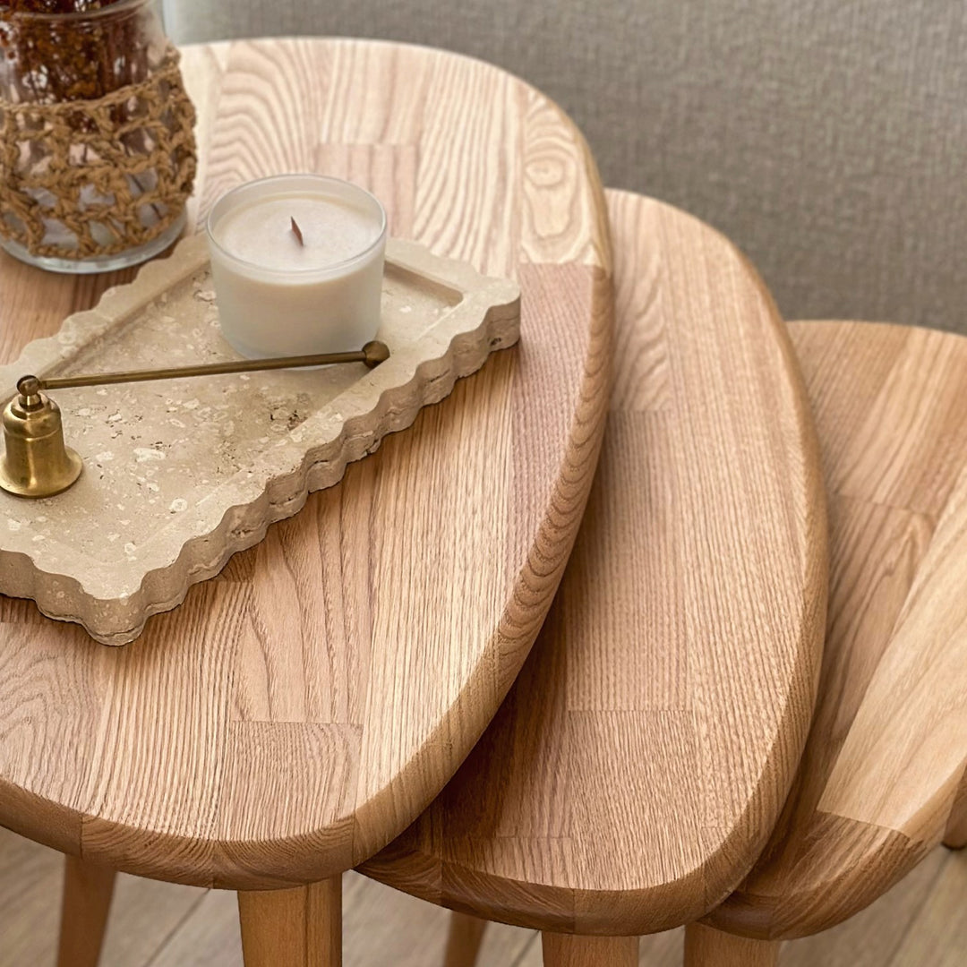 ahsap zigon sehpa uclu set dogal masif kestane agaci ercol style modern tasarimli zigon sehpa ev dekoru icin ideal vornom