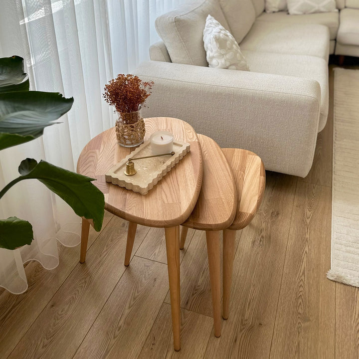 ahsap zigon sehpa uclu set dogal masif kestane agaci ercol style kullanisli ve sade ev icin zigon sehpa takimi vornom