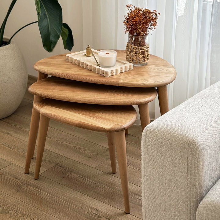 ahsap zigon sehpa uclu set dogal masif kestane agaci ercol style modern ev dekorasyonu icin uygun zigon sehpa vornom