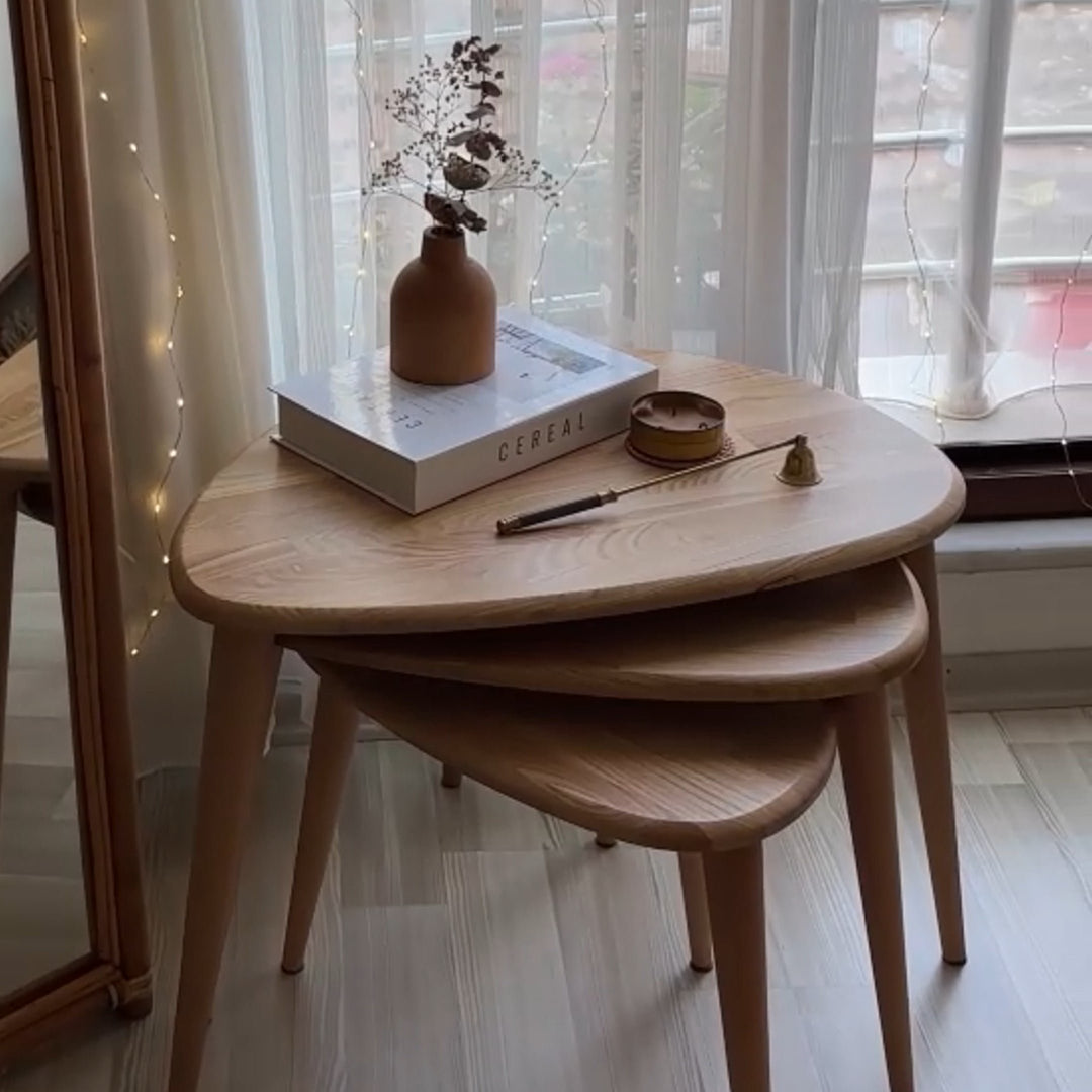 ahsap zigon sehpa uclu set dogal masif kestane agaci ercol style sade ve modern tasarimli ahsap sehpa seti vornom