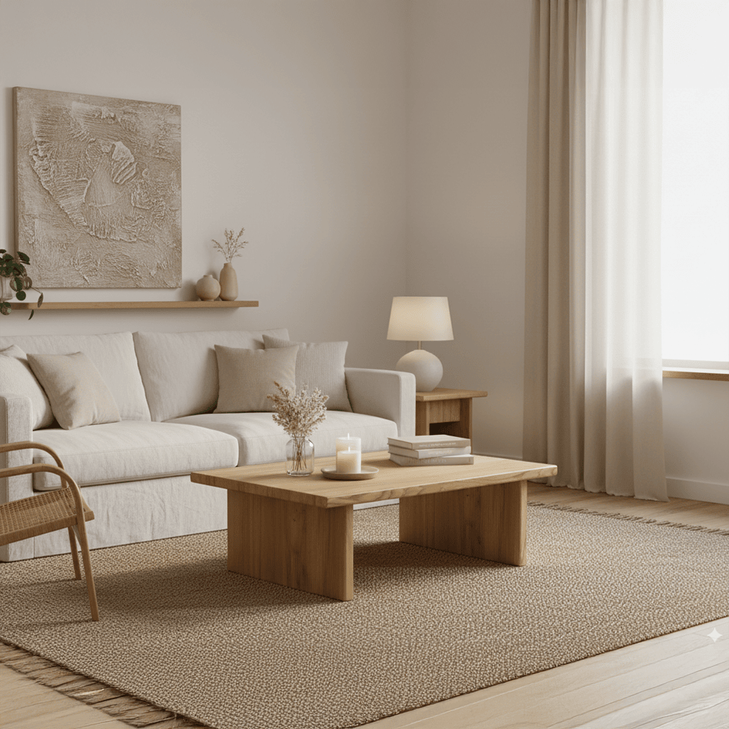 Minimal tasarımlı ahşap orta sehpa, kestane yüzey, salon orta