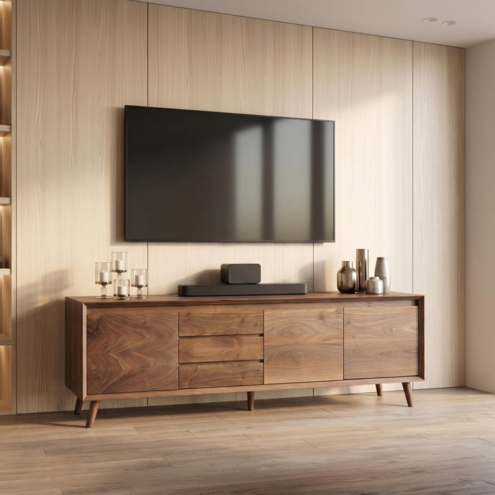 Minimalist tasarımı ile dikkat çeken oturma odasını süsleyen ve detayları ile şıklık katan Ceviz TV Ünitesi.