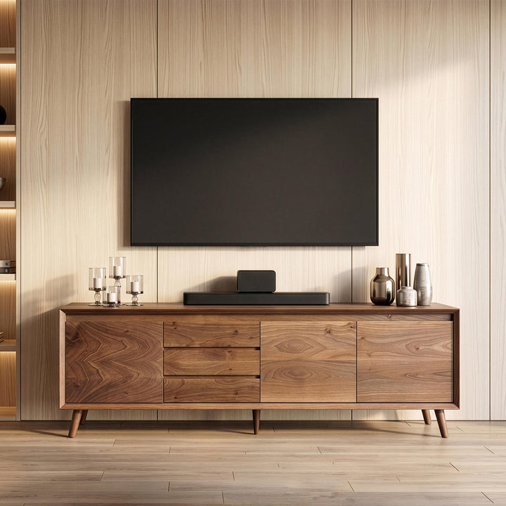 Minimalist tasarımı ile dikkat çeken doğal ahşap hatlarıyla sergilenen ve ortama hava katan Ceviz TV Ünitesi.