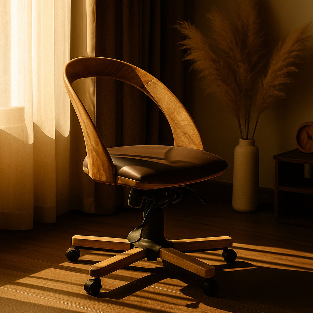 ergonomik tasarima sahip ceviz ahsap doner sandalye vegan deri oturma alanina sahip vornom