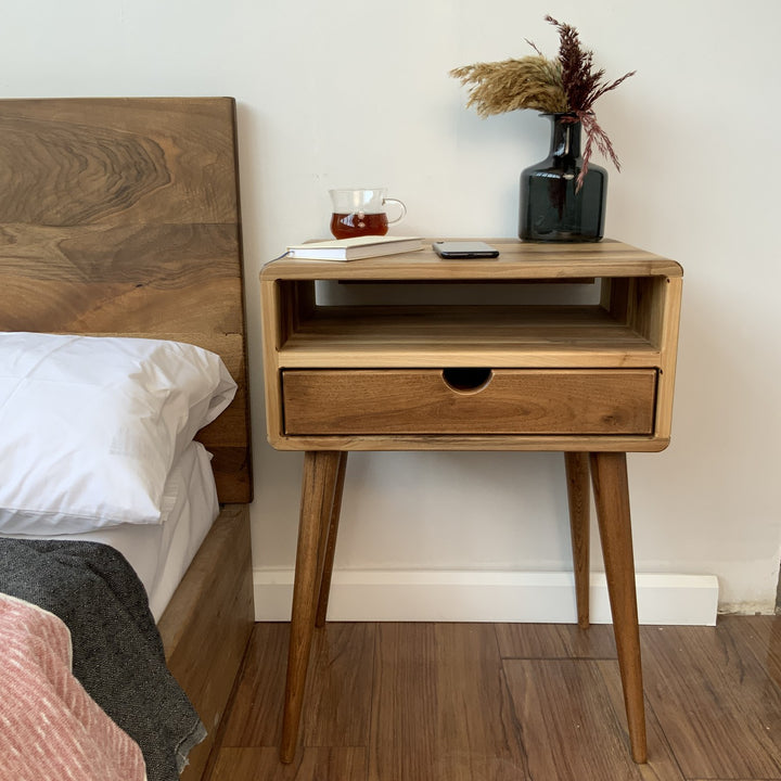 ahsap komodin raflı modern tasarim tek cekmeceli vornom