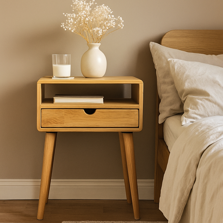 ahsap komodin masif mese dokusu minimalist tasarimiyla yatak odalarina modern bir gorunum katar vornom