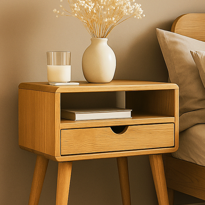 ahsap komodin cekmeceli ve rafli yapisiyla islevsel masif mese olusuyla kaliteli tasarimi ile moderndir vornom