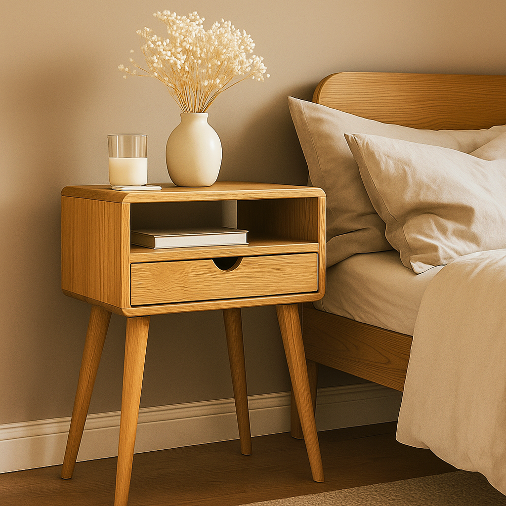 yatak yaninda yer alan masif mese komodin konik ayakli tasarimi ile modern vornom