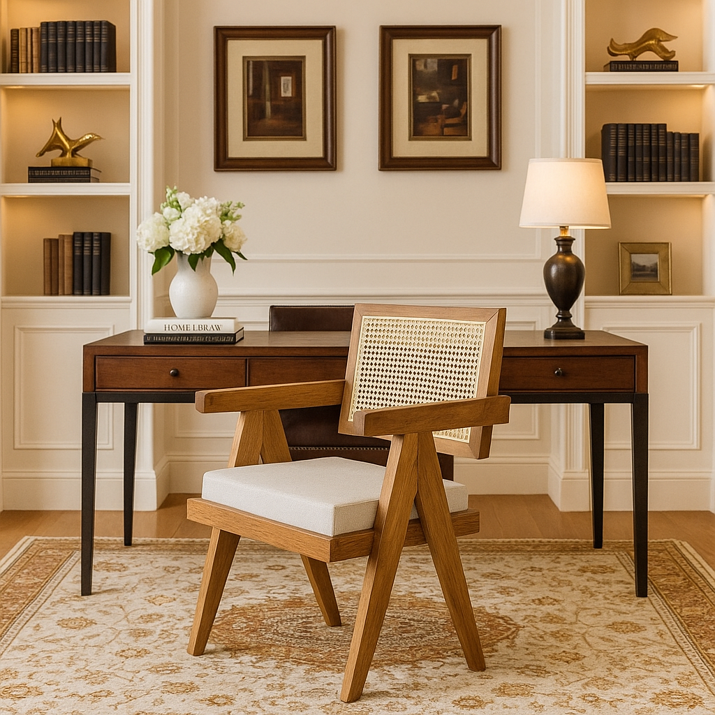 calisma masasi onundeki hazeran sirtlik ve krem minderli oturumu olan ahsap sandalye modern bir gorunume sahip vornom