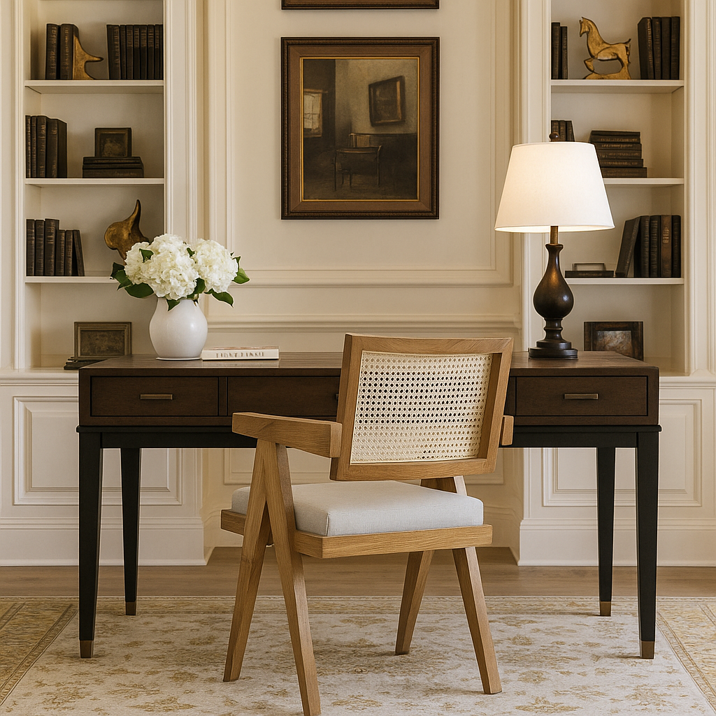 hazeran sirtlik ve krem minderi olan masif ceviz sandalyenin arkadan gorunumu vornom