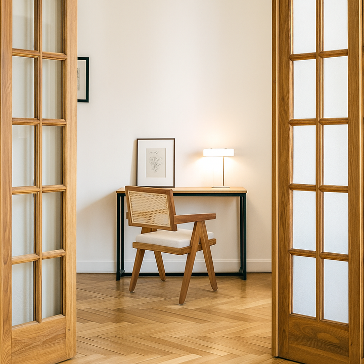 hazeran sirtlik ve minderli oturuma sahip masif ceviz sandalye aydinlatilmis ortamda dikkat cekici bir gorunume sahip vornom 