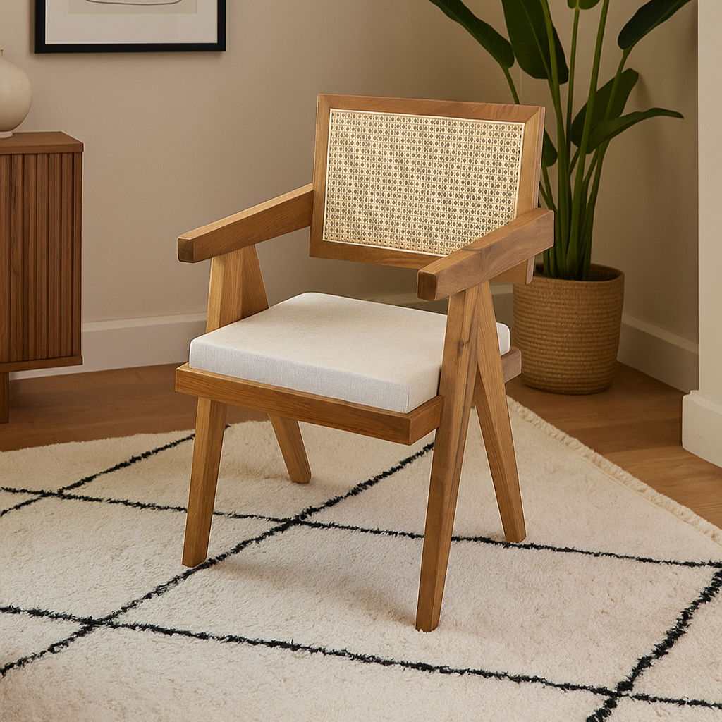 pierre jeanneret tarzi hazeran sirtlik ve minderli oturuma sahip masif ceviz  modern sandalye vornom