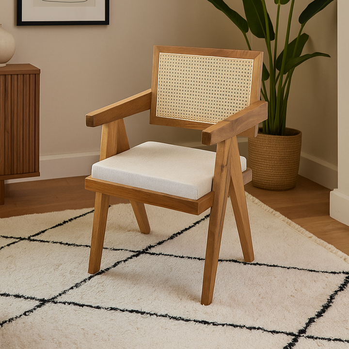 pierre jeanneret tarzi hazeran sirtlik ve minderli oturuma sahip masif ceviz  modern sandalye vornom