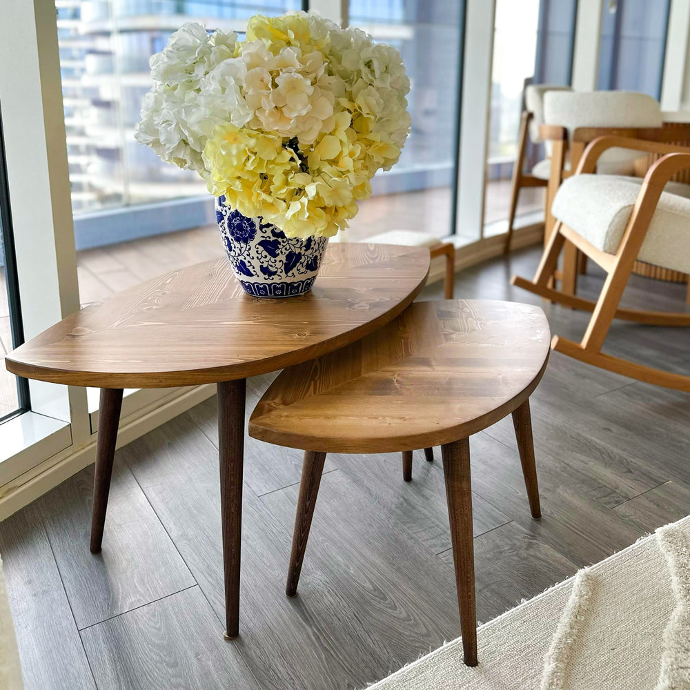 yaprak seklinde tasarimi ile ahsap sehpa seti modern ve estetik vornom