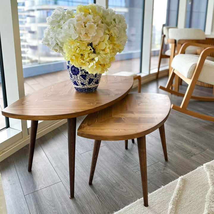 yaprak seklinde tasarimi ile ahsap sehpa seti modern ve estetik vornom