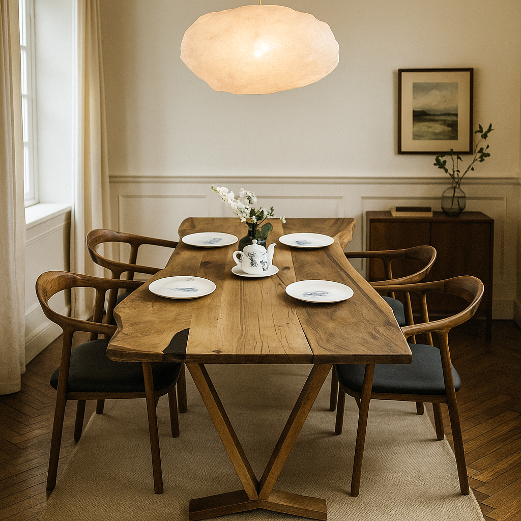 Masif cevizden yapilmis dogal kenarli ahsap yemek masasi uzerinde belirgin ahsap dokusu ergonomik sandalye ile aydinlik bir atmosfer sunuyor vornom