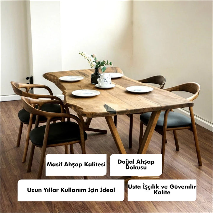 Masif cevizden yapilmis dogal kenarli ahsap yemek masasi ahsap dokusuyla goz alici uzun yillar kullanima uygun ve usta iscilikle guvenilir kalite sunar vornom