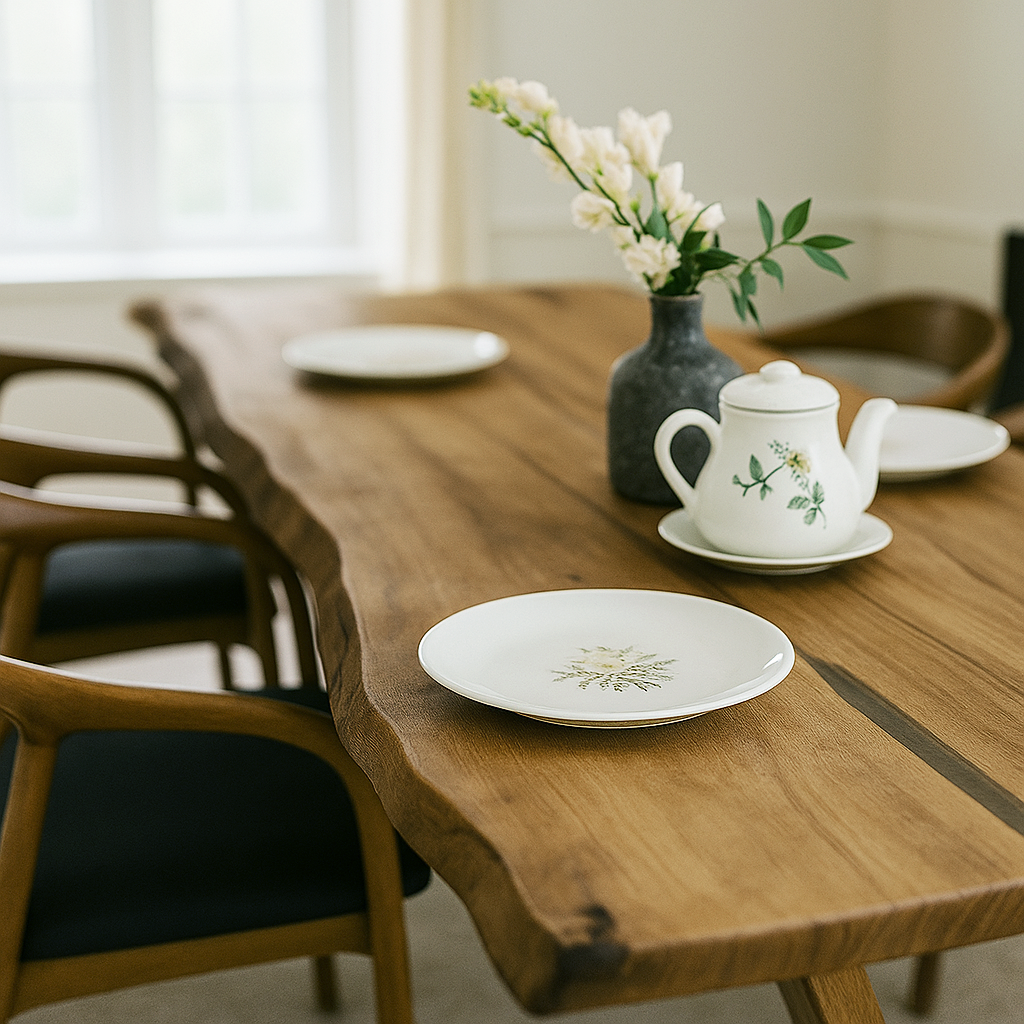 Masif cevizden yapilmis dogal kenarli ahsap yemek masasi belirgin ahsap dokusuyla goz alici estetik sandalye cicek ve caydanlikla tamamlanan sade dekorla aydinlik bir atmosfer sunuyor