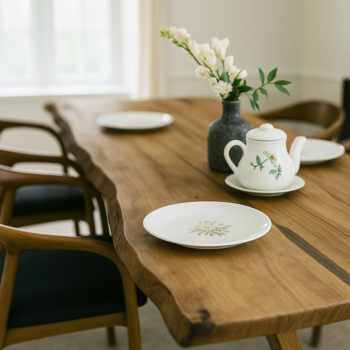 Masif cevizden yapilmis dogal kenarli ahsap yemek masasi belirgin ahsap dokusuyla goz alici estetik sandalye cicek ve caydanlikla tamamlanan sade dekorla aydinlik bir atmosfer sunuyor