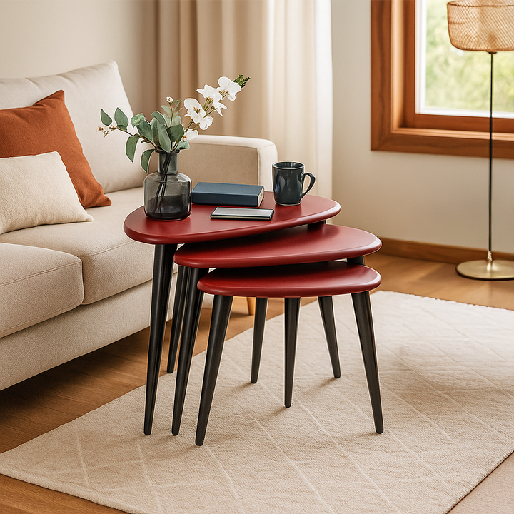 bordo zigon sehpa siyah konik ayakli uclu set vornom mobilya