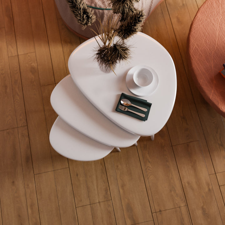 modern tasarim mat beyaz zigon sehpa seti zarif hatlari ve fonksiyonel yapisi ile oturma odaniza modern bir hava katacak sehpa vornom