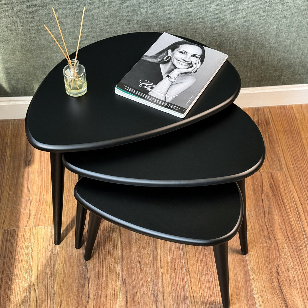 Zigon sehpa seti yuvarlak hatli ve sik mat siyah renk vornom