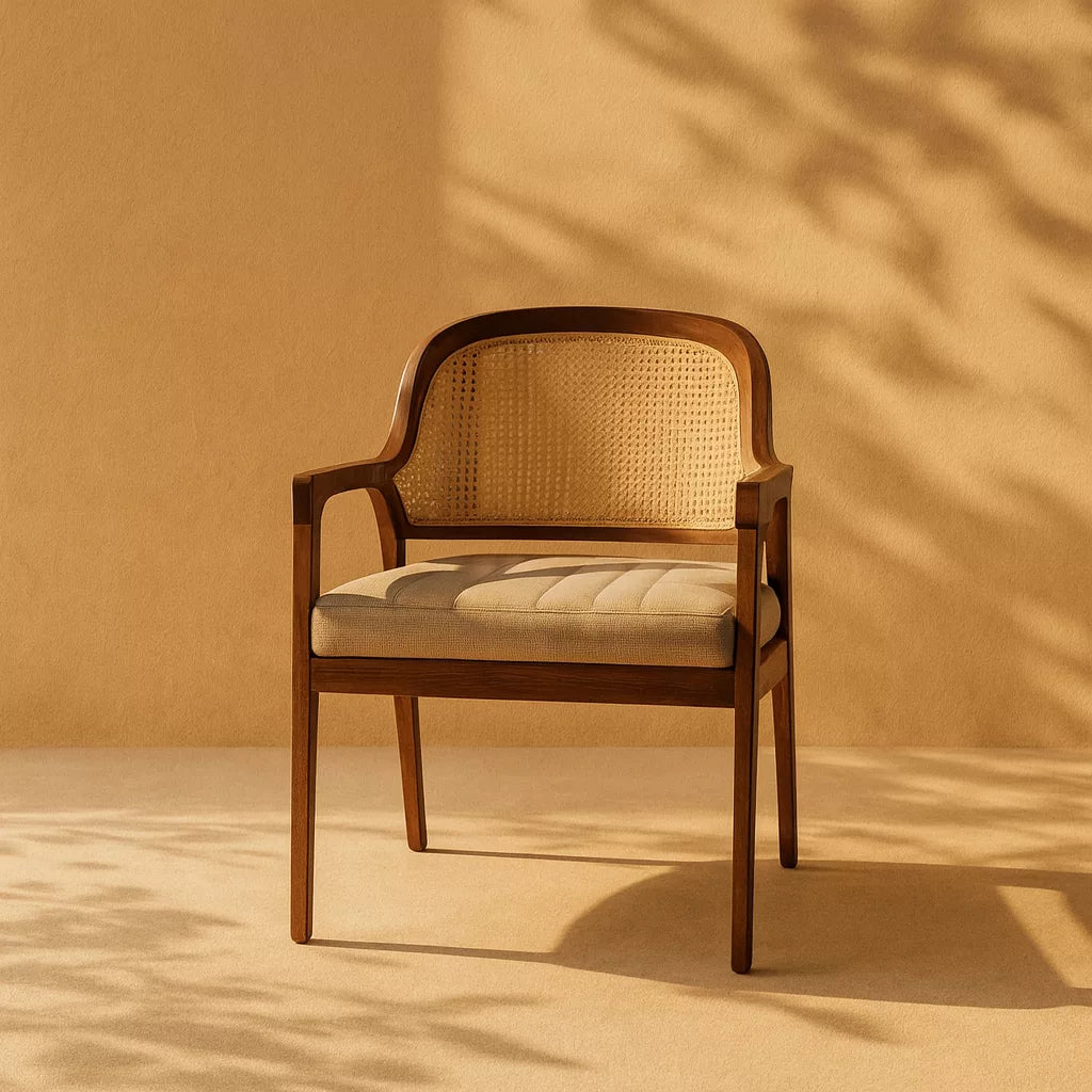 Hasır oturaklı, masif kayın ahşap sandalyenin önünde tan duvar görünümü. Bohem stil tasarım unsurları içeriyor.