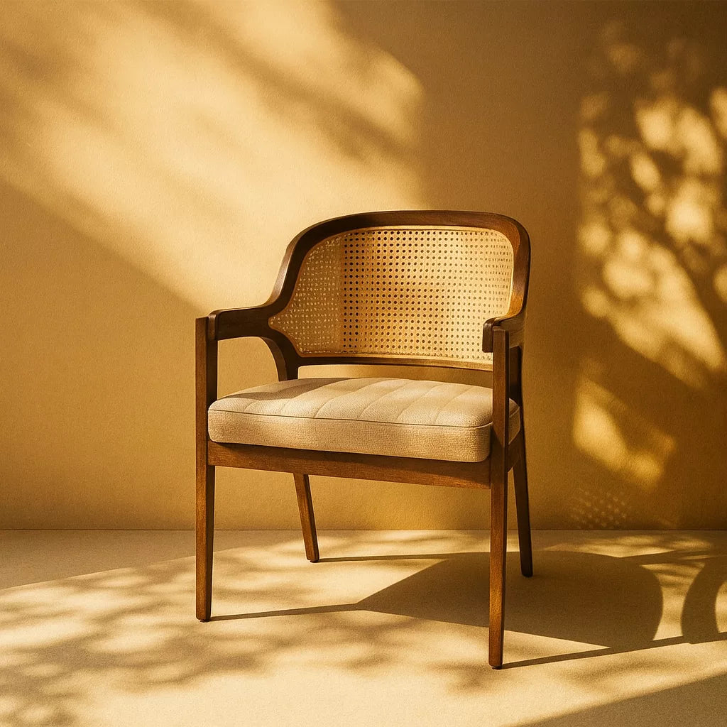 Güneşin vurduğu Bohem stil hasır sırtlı kayın ahşap sandalye, sıcak bir atmosfer yaratıyor.