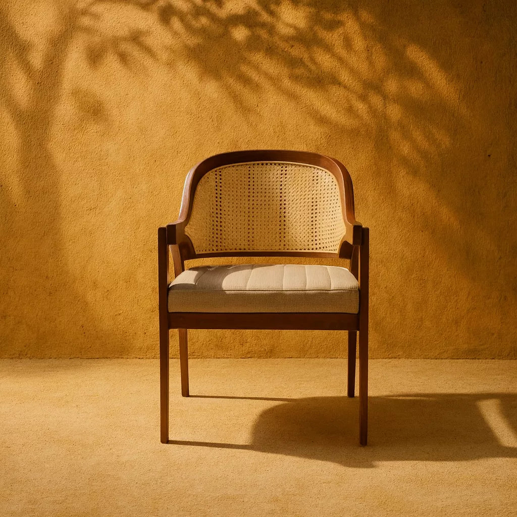 Ağaç önünde konumlanmış Bohem stil hasır sırtlı masif kayın ahşap sandalye.