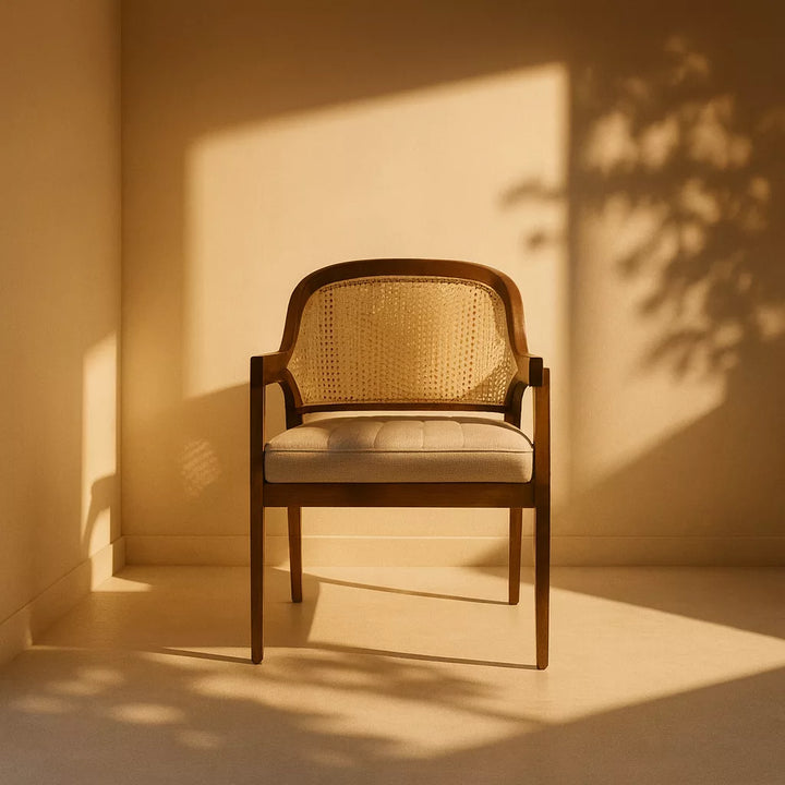 Pencereli odada, Bohem stilinde hasır sırtlı kayın ahşap sandalye ve bir bitki yer almakta.