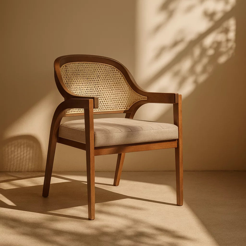 Duvarın önünde duran, hasır sırtlı ve oturuma sahip Bohem stil kayın ahşap sandalye.