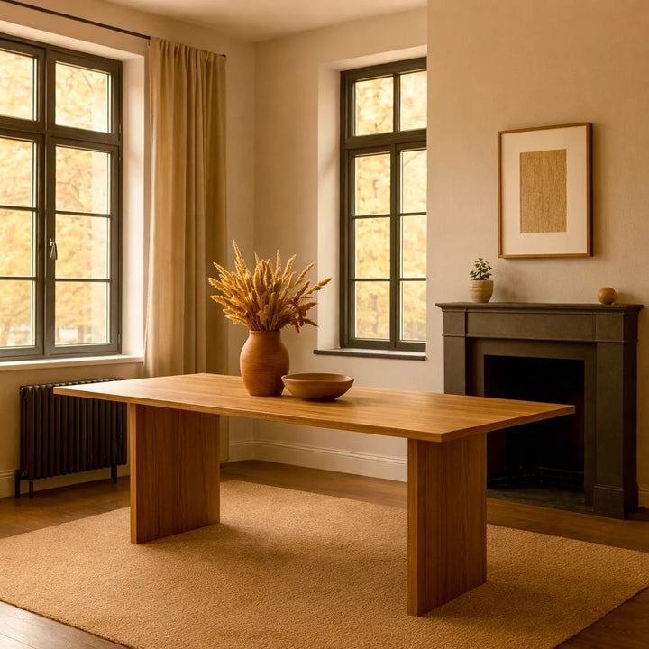 Bohem Tarz Kestane Yemek Masası üzerinde bir vazoya sahip, pencere önünde yer alan bir masa görüntüsü.