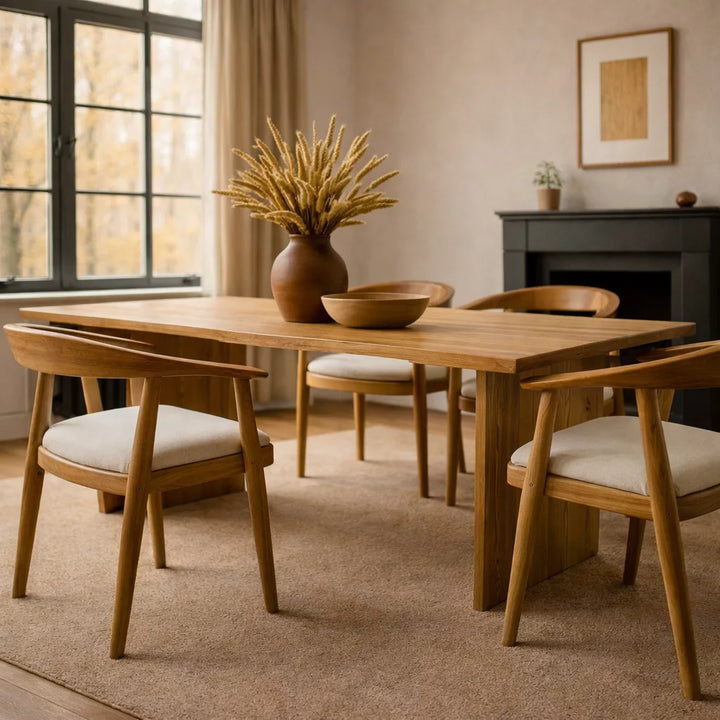 Dört sandalyeli, şömine önünde yer alan Bohem Tarz Kestane Yemek Masası görüntüsü.