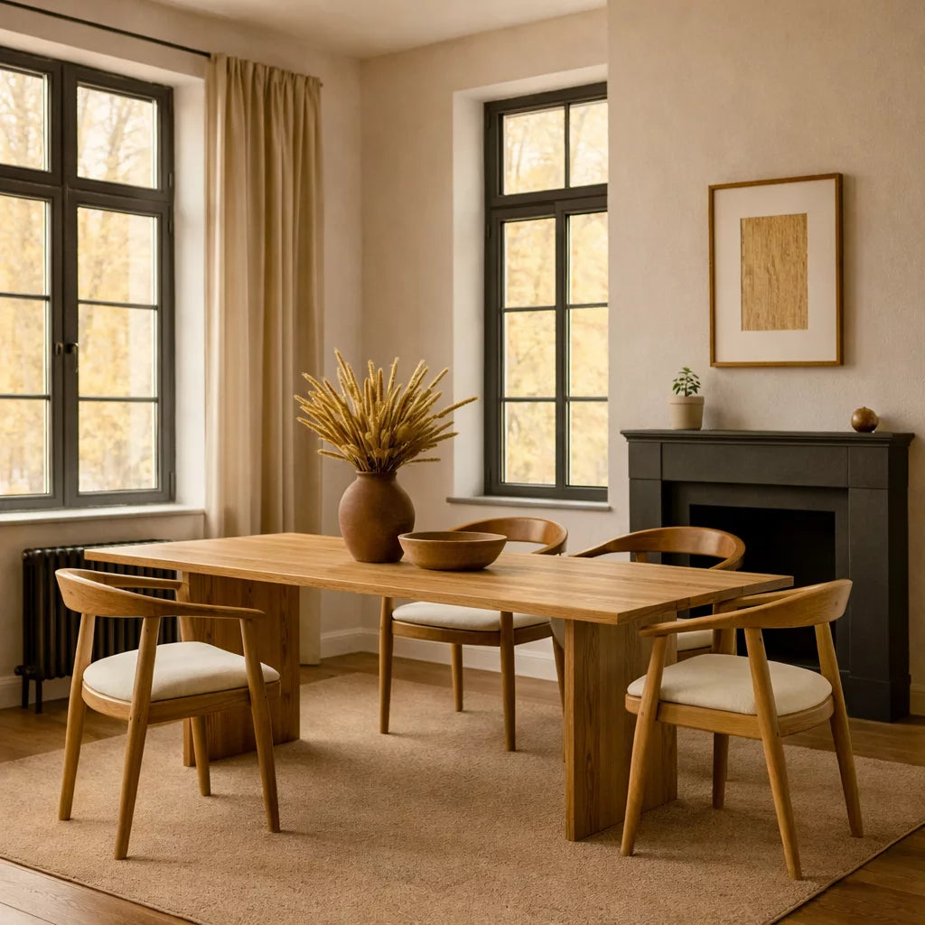 Kestane renkli Bohem tarz yemek masası ve çevresindeki sandalyelerle şık bir yemek alanı.