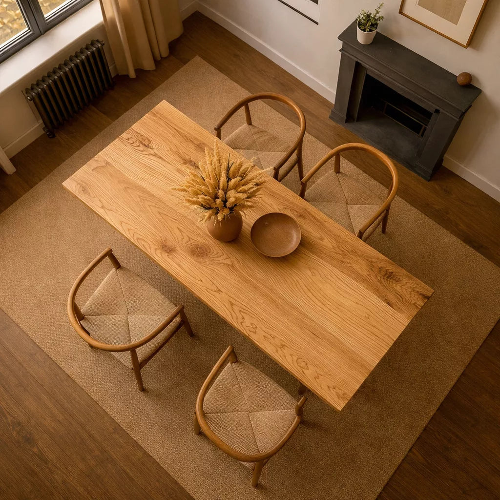 Ahşap bir masa ve sandalyelerin bulunduğu bir odada Bohem Tarz Kestane Yemek Masası yer alıyor.